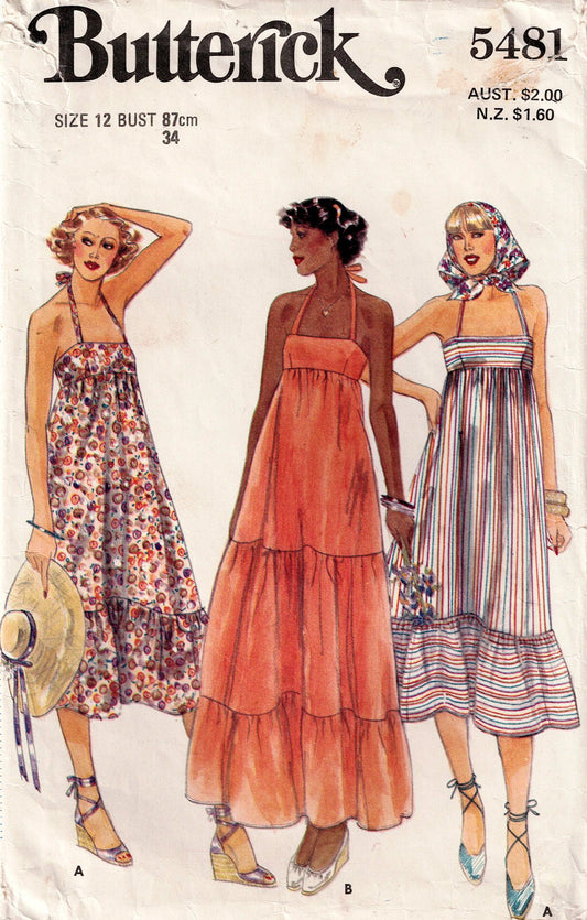 Butterick 5481 Womens High Waisted Tiered Halter Dress or Sundress 1970s Vintage Sewing Pattern Size 12 Bust 34 inches