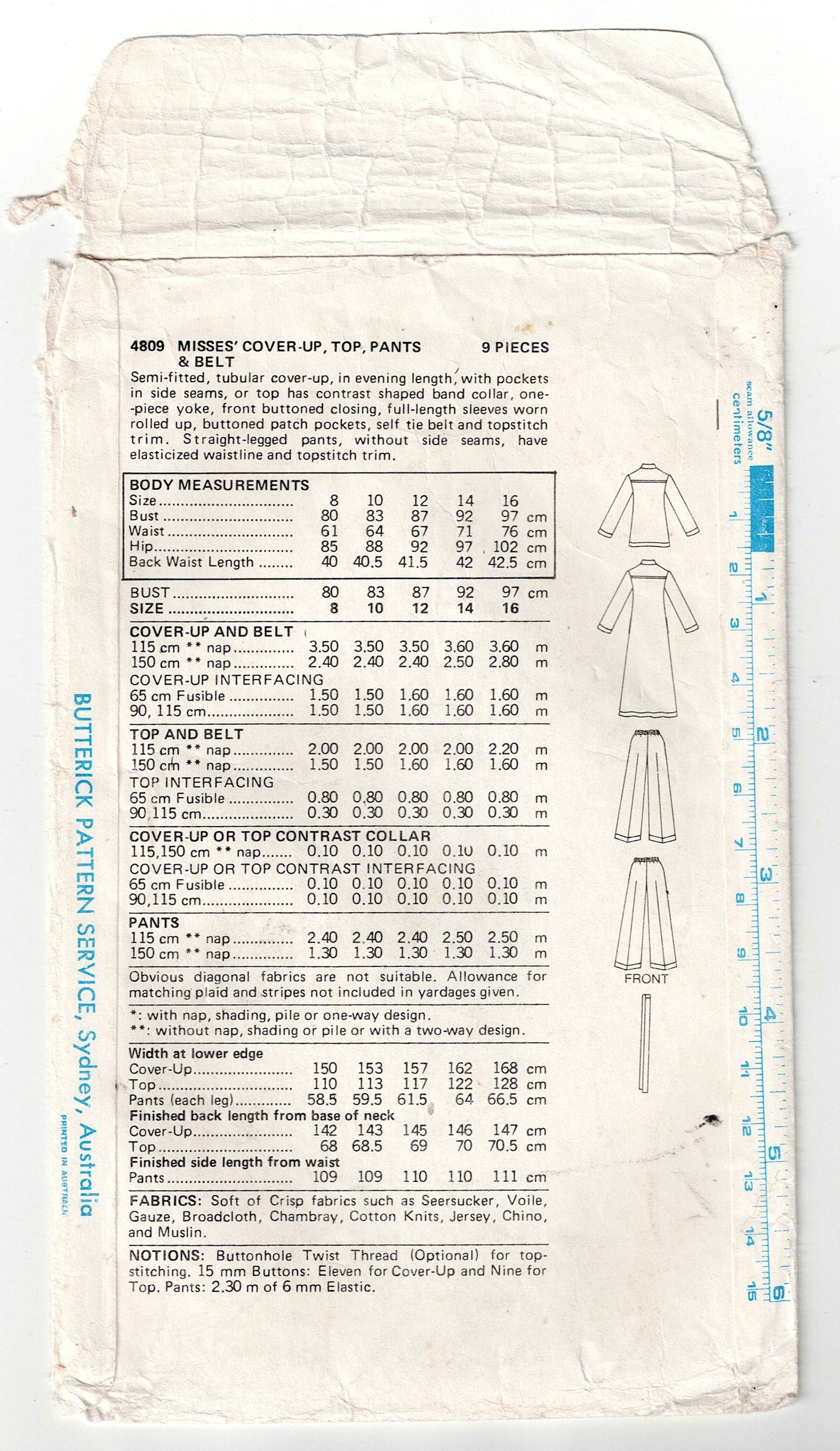 Butterick 4809 JOHN KLOSS Womens Maxi Shirtdress Top & Wide Leg Pants 1970s Vintage Sewing Pattern Size 10 Bust 32.5 inches
