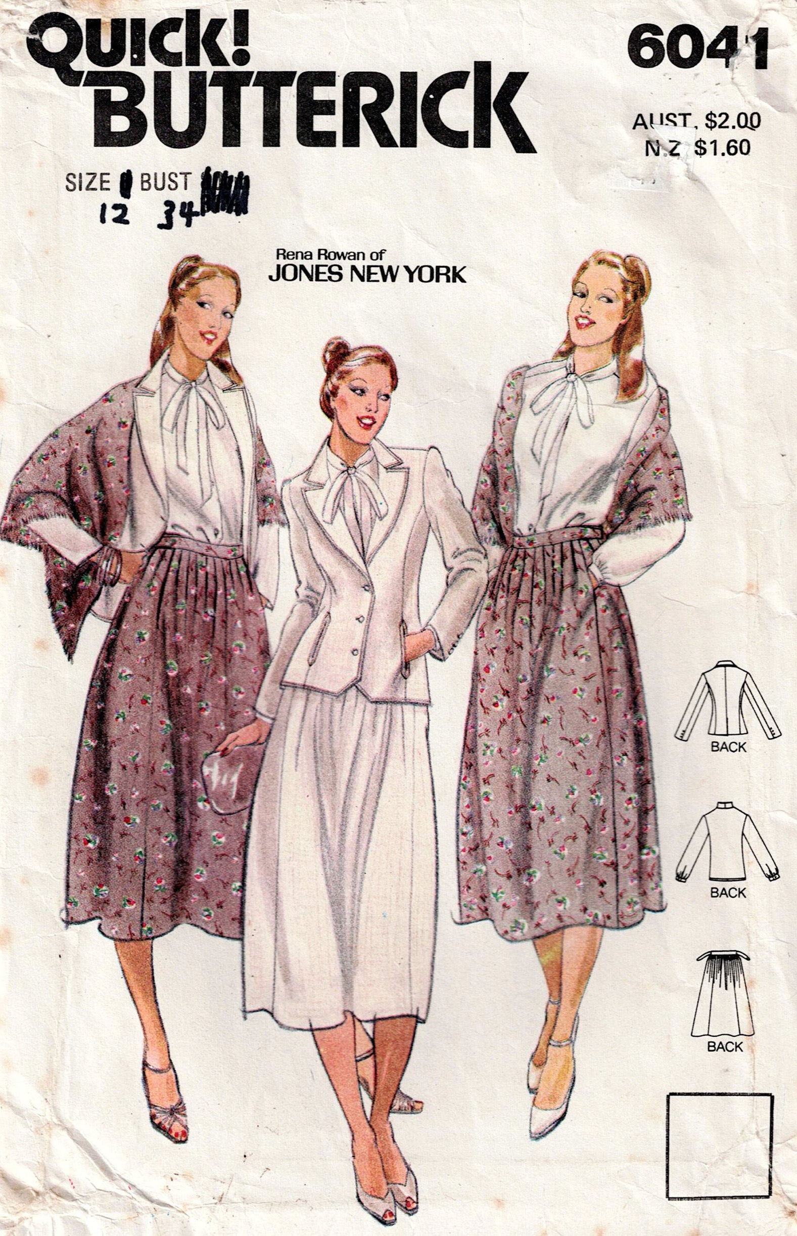 Butterick 6041 sewing pattern with three women modeling a dress and jacket set.