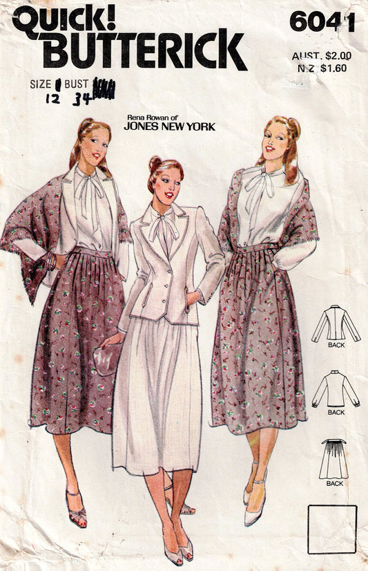 Butterick 6041 sewing pattern with three women modeling a dress and jacket set.