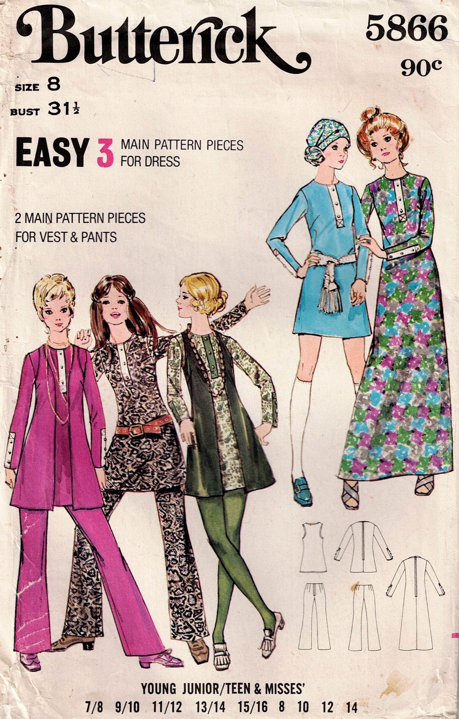 Butterick 5866 sewing pattern for dresses and vests on a white background