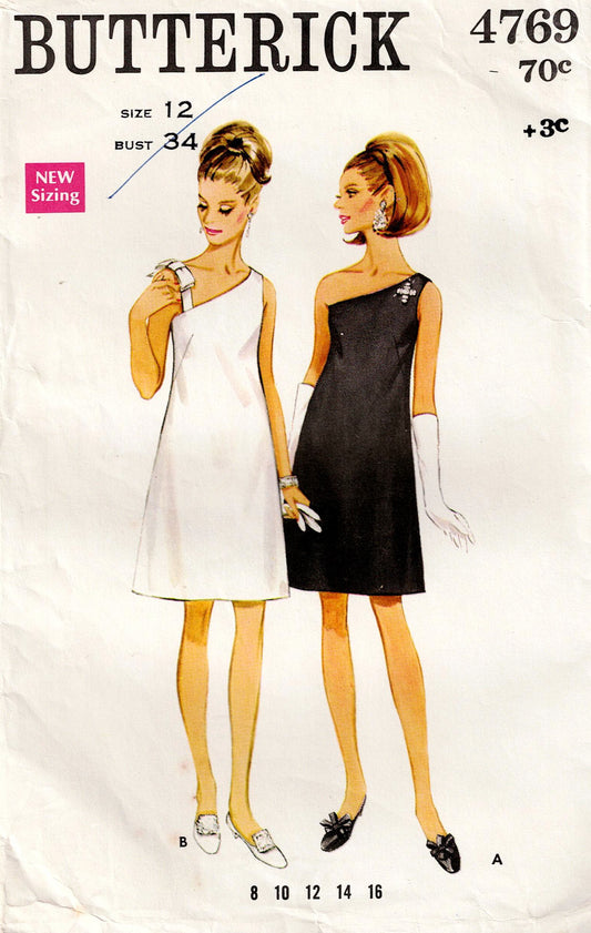 Butterick 4769 pattern cover with two women wearing one-shoulder dresses.