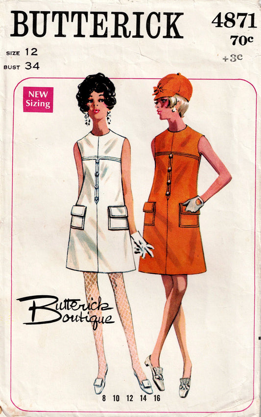 Butterick 4871 pattern cover with two women wearing dresses and a price tag.