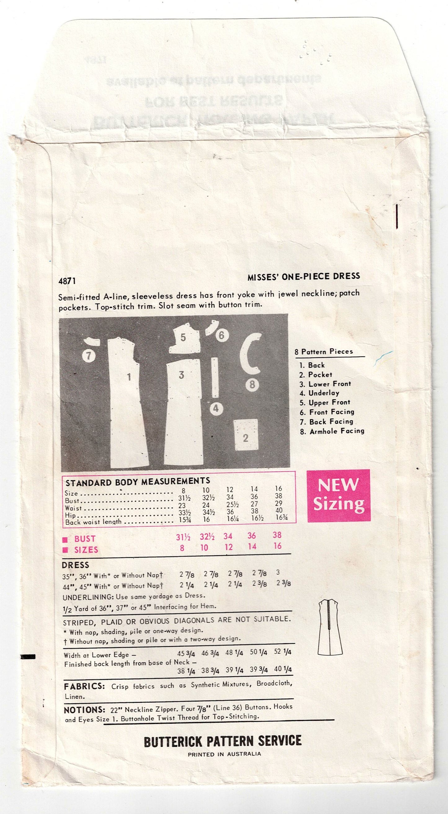 Butterick Boutique 4871 Womens Tailored Coatdress 1960s Vintage Sewing Pattern Size 12 Bust 34 inches
