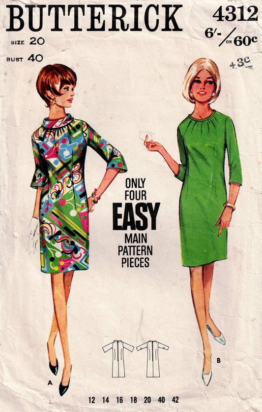 Butterick 4312 vintage dress pattern with two models and text on a light background