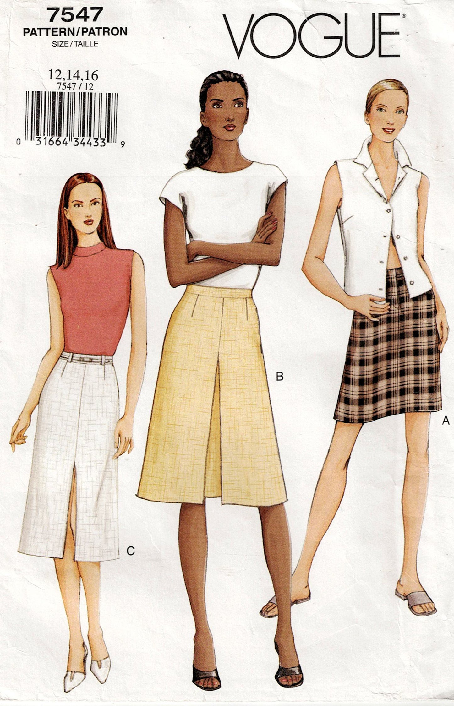 Vogue 7547 sewing pattern advertisement with three models wearing different skirt styles.