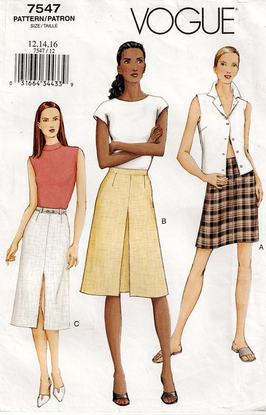 Vogue 7547 sewing pattern advertisement with three models wearing different skirt styles.