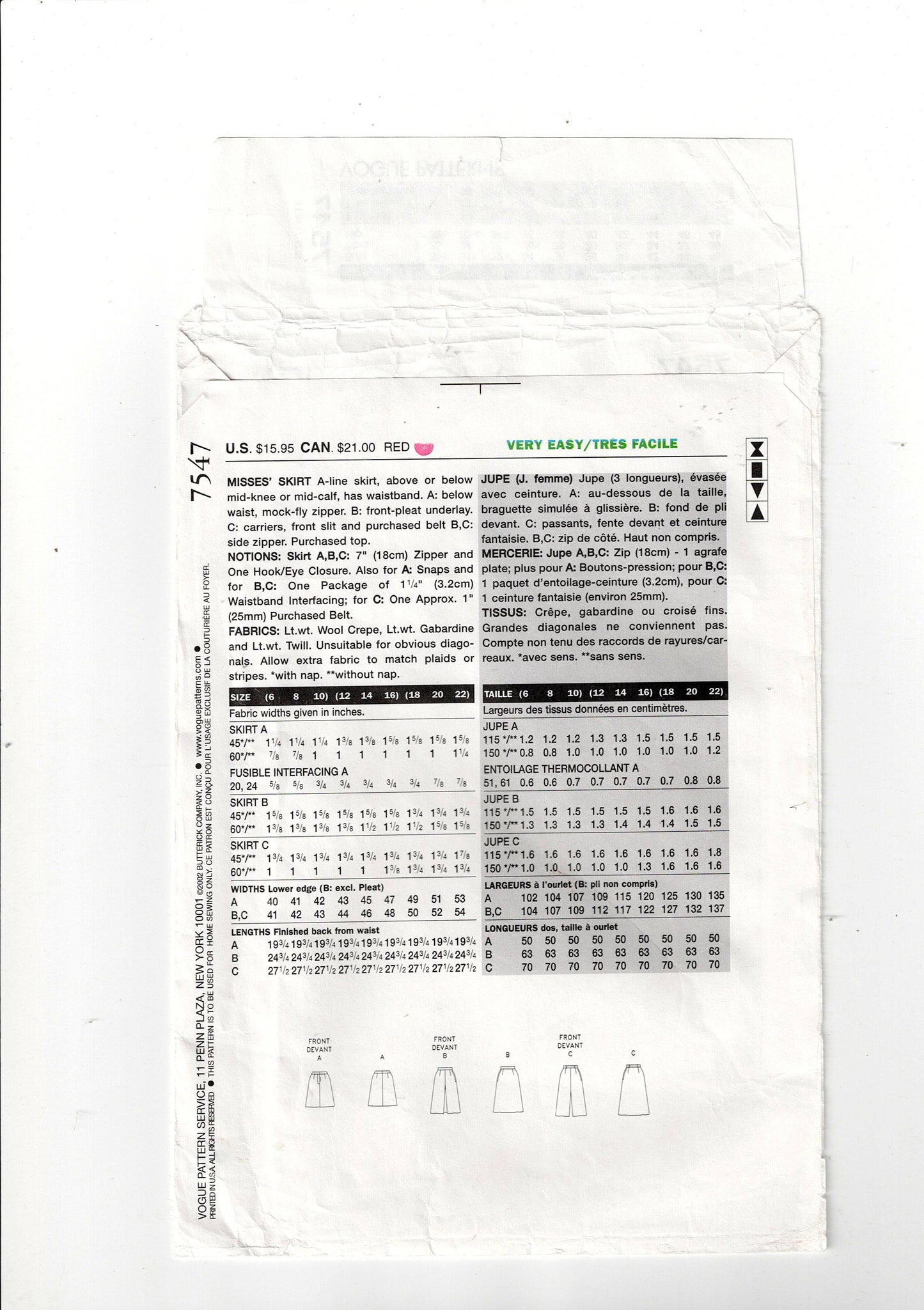 Vogue 7547 Womens Classic A Line Skirts Out Of Print Sewing Pattern Size 12 - 16 UNCUT Factory Folded