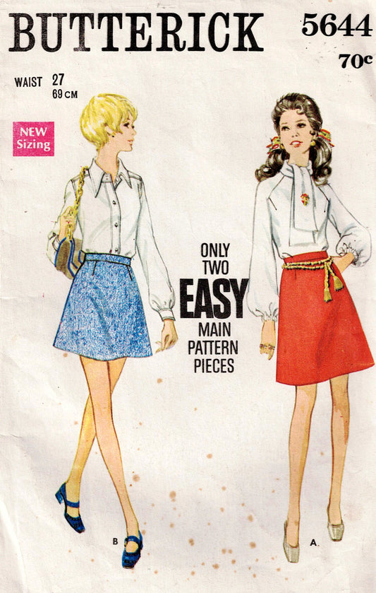 Butterick 5644 Womens A Line Skirt in 2 Lengths 1960s Vintage Sewing Pattern Waist 27 inches
