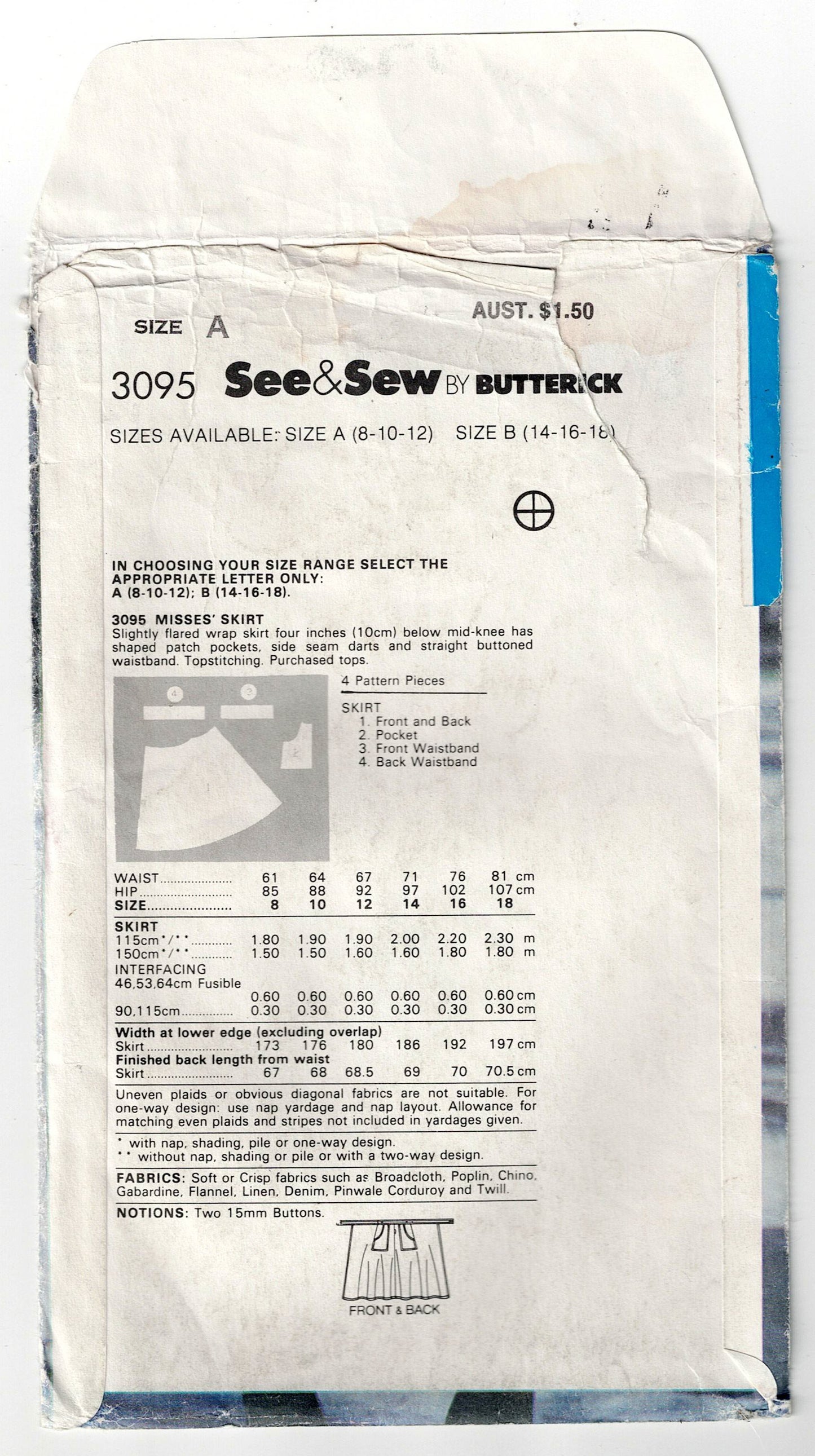 Butterick See & Sew 3095 Womens EASY Wrap Skirt for Denim or Corduroy 1980s Vintage Sewing Pattern Size 8 - 12 UNCUT Factory Folded