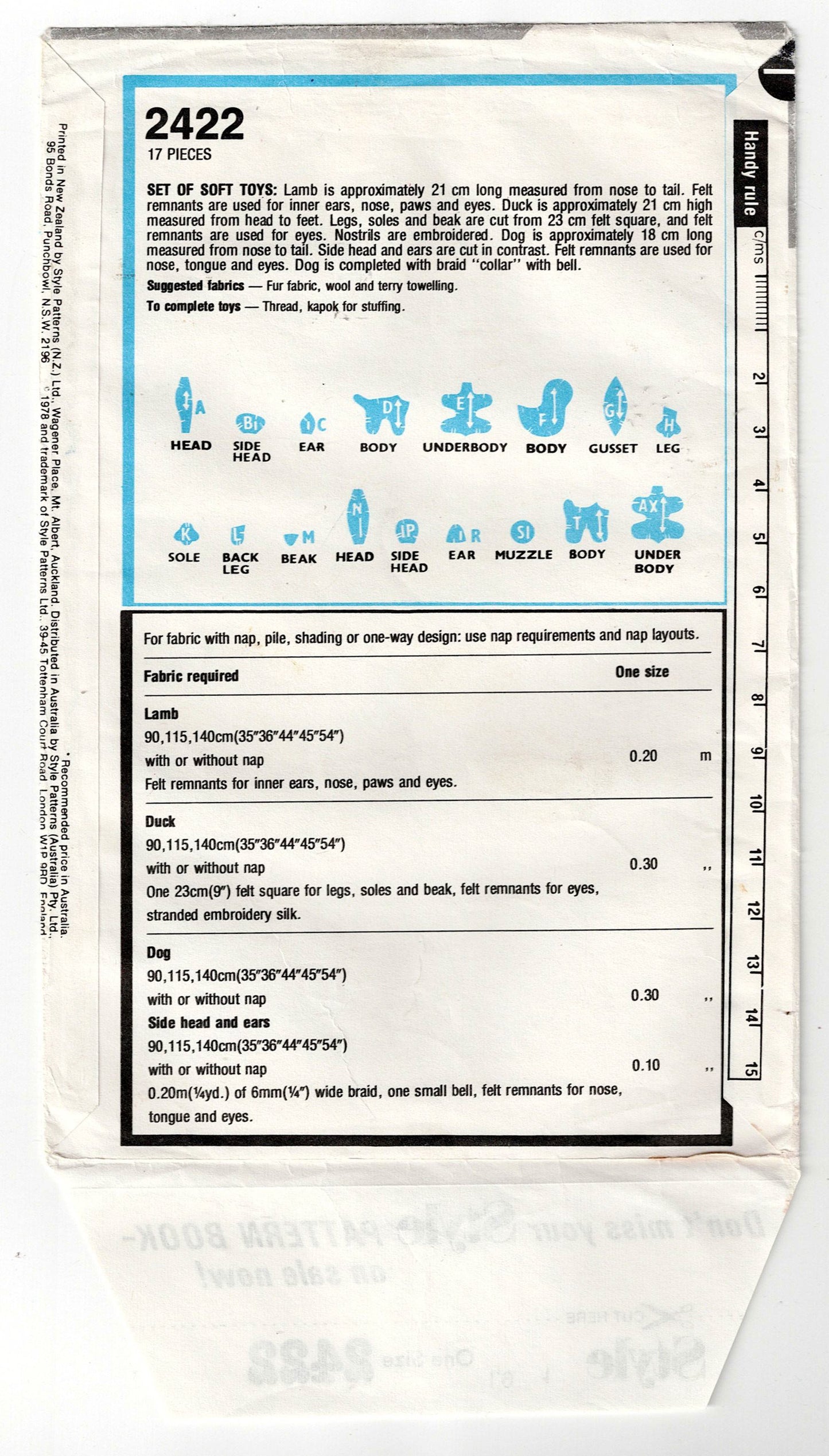 Style 2422 Stuffed Crib Toys Lamb Puppy & Duck 1970s Vintage Sewing Pattern UNCUT Factory Folded