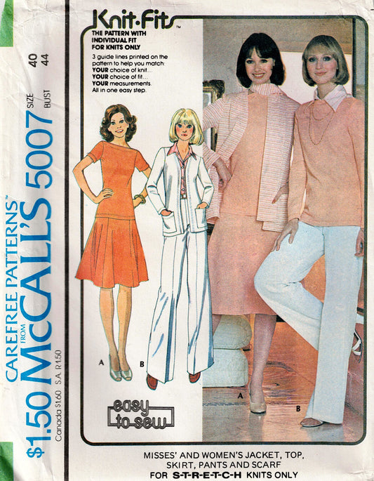 Vintage McCall's 5007 Knit-Fit pattern packaging with models wearing a jacket, top, skirt, pants, and scarf.