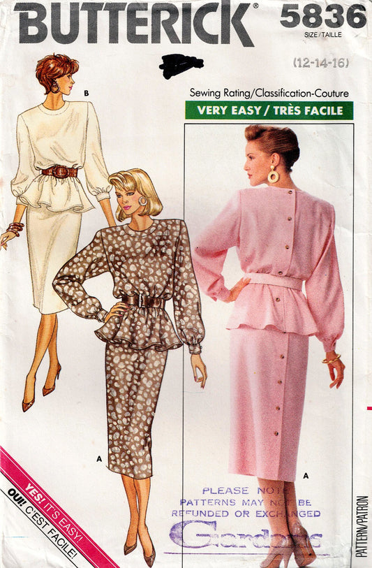 Butterick 5836 Womens Peplum Top & Skirt 1980s Vintage Sewing Pattern Size 12 - 16 UNCUT Factory Folded
