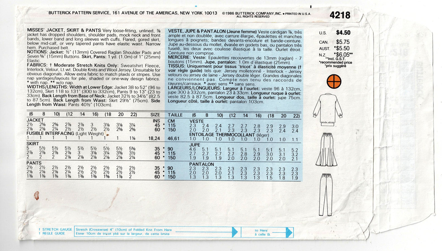 Butterick 4218 Womens Stretch Knit Long Jacket Fluted Skirt & Tapered Pants 1980s Vintage Sewing Pattern Size 18 - 22 UNCUT Factory Folded