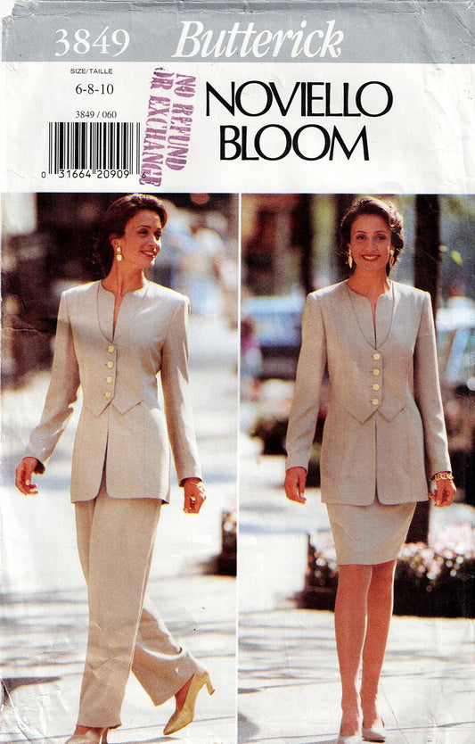 Butterick pattern 3849 for a Noviello Bloom suit with a model wearing the outfit.
