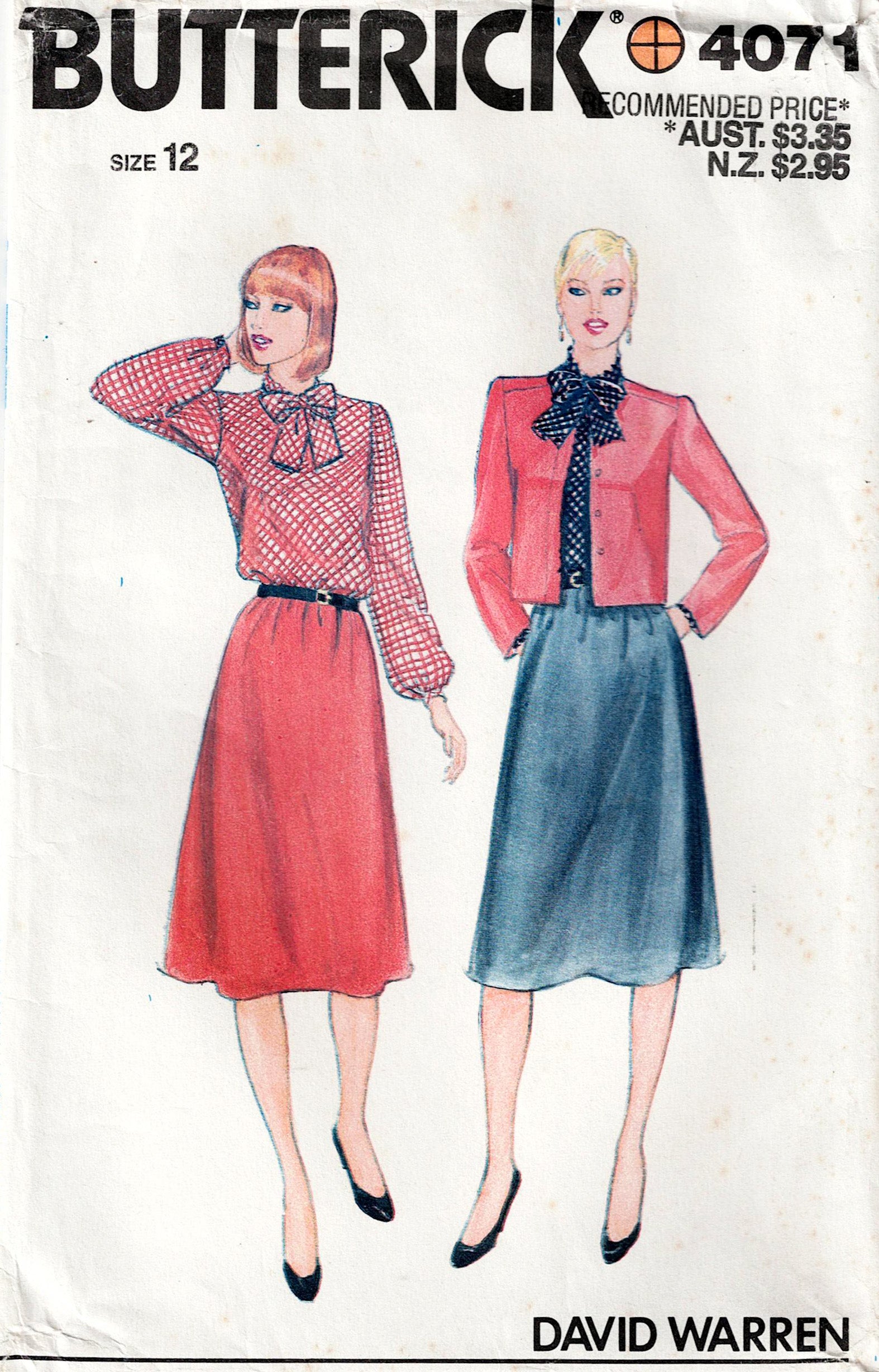 Butterick 4071 sewing pattern cover with two models wearing a red blouse and blue skirt.