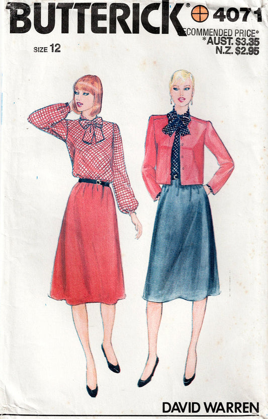 Butterick 4071 sewing pattern cover with two models wearing a red blouse and blue skirt.