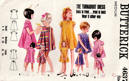 Butterick 4637 pattern envelope with illustrations of children wearing dresses and a small dog.