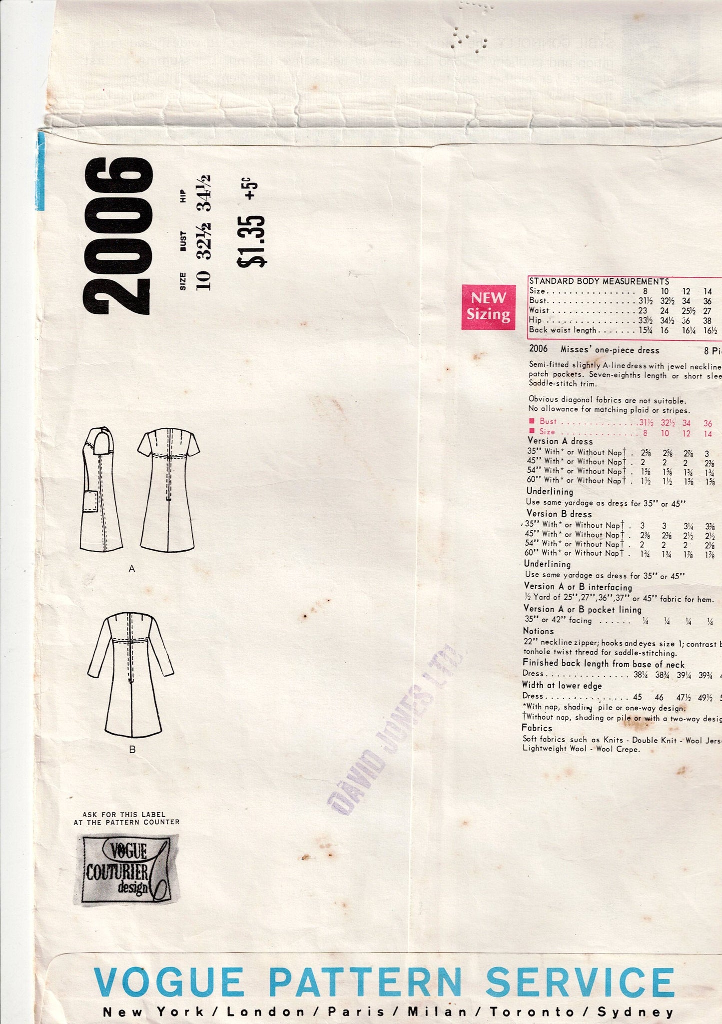 Vogue Couturier Design 2006 SYBIL CONNOLLY Womens Saddle Stitched A Line Dress 1960s Vintage Sewing Pattern Size 10 Bust 32.5 Inches