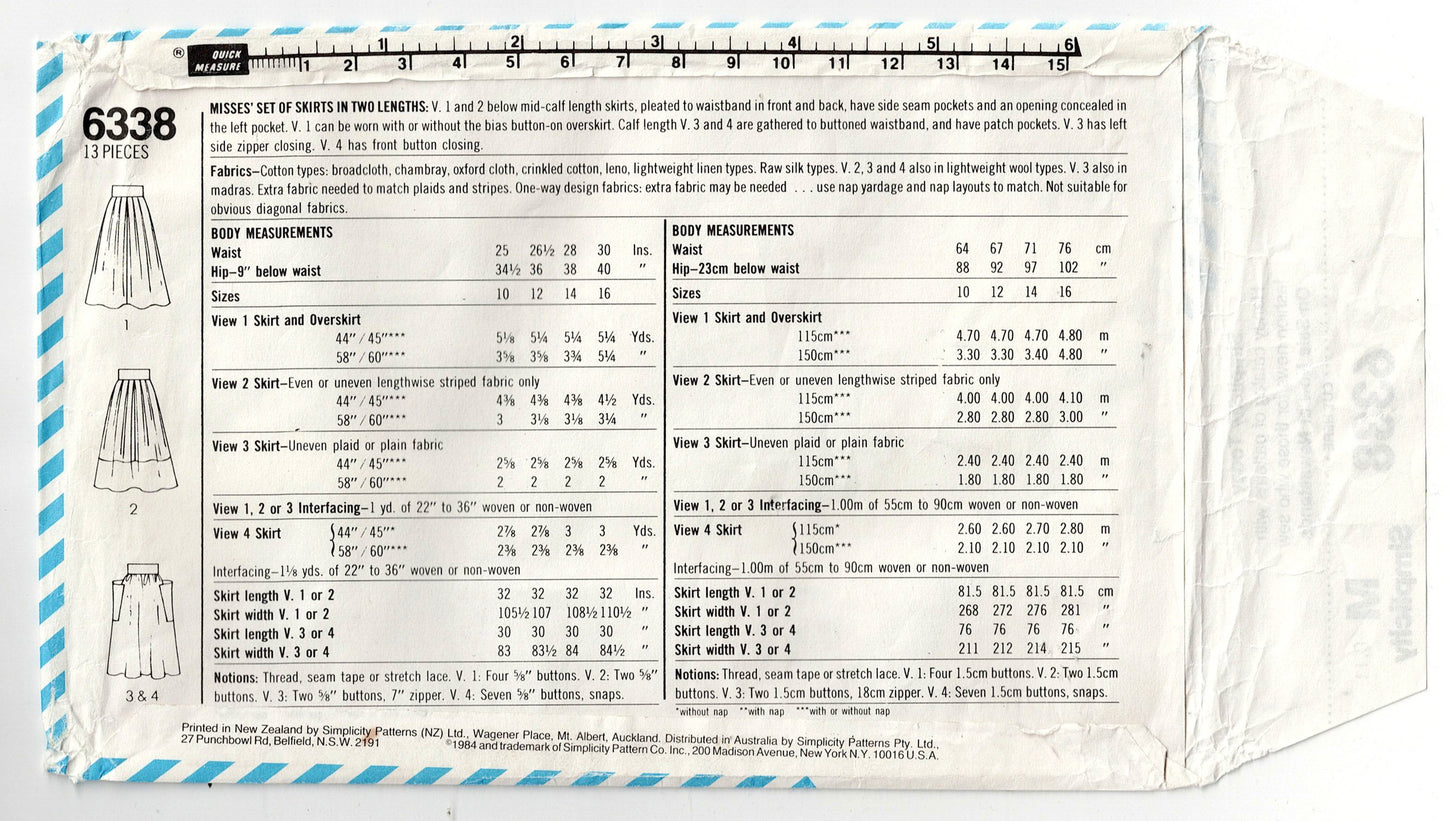 Patrón de costura vintage de los años 80 para falda fruncida o plisada para mujer Simplicity 6338, talla 10, cintura 25 pulgadas