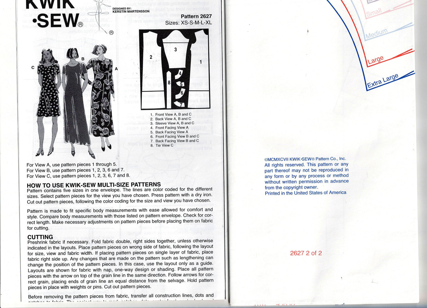 Kwik Sew 2627 Womens Short Sleeved Dress with Flared Skirt 1990s Vintage Sewing Pattern Size XS - XL UNCUT Factory Folded