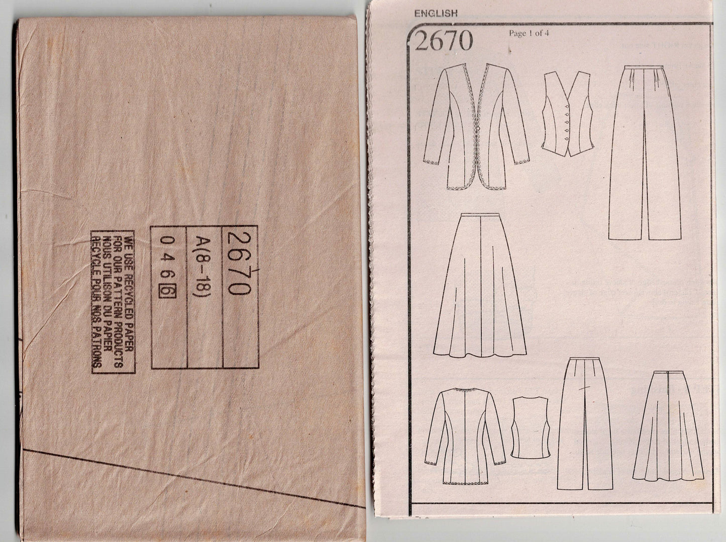 Style 2670 Womens Jacket Vest Pants & Skirt 1990s Vintage Sewing Pattern Size 8 - 18 UNCUT Factory Folded