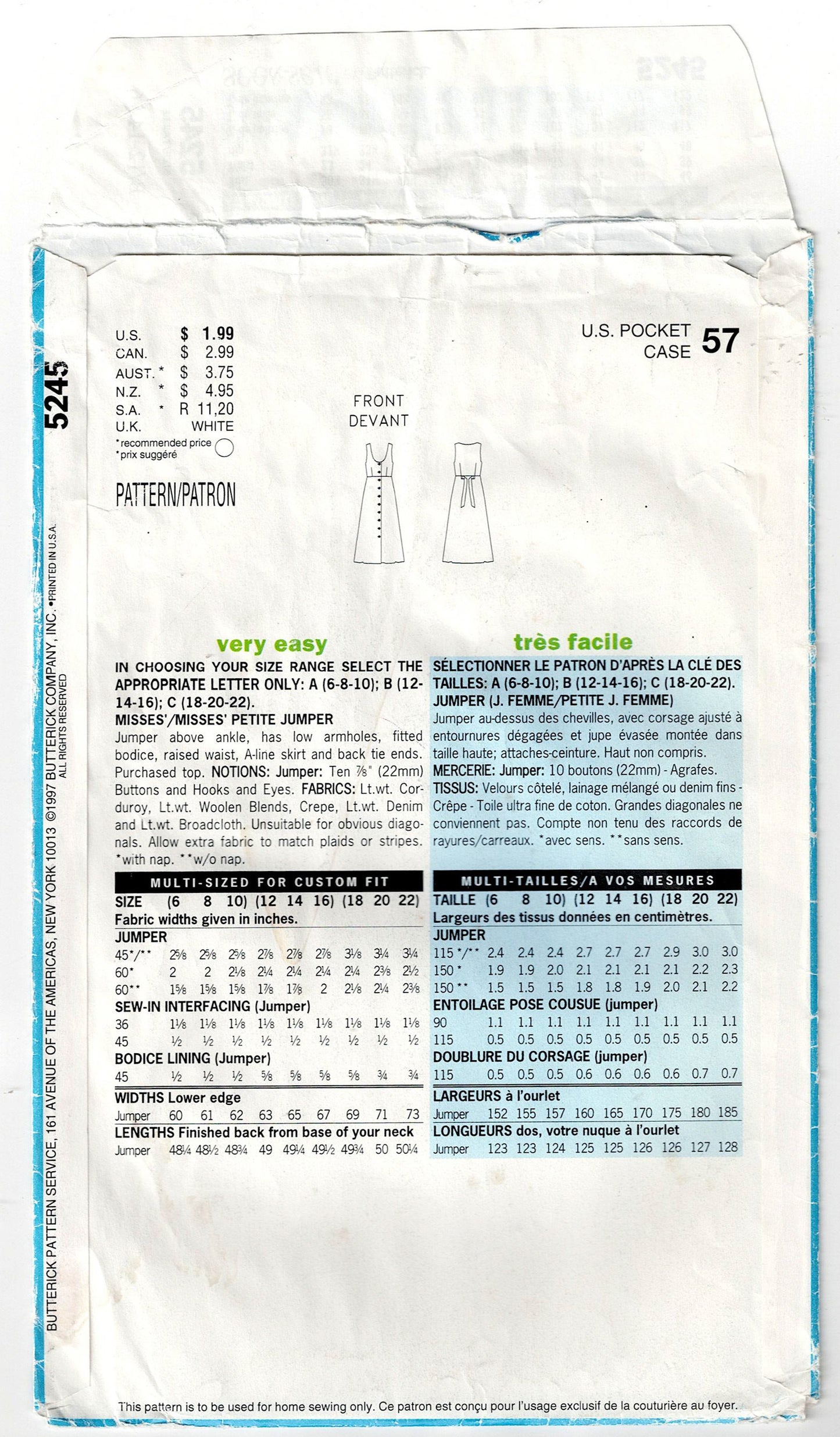 Patrón de costura vintage de los años 90 para vestido estilo pichi con botones delanteros y cintura alta para mujer Butterick See &amp; Sew 5245, talla 12-16, doblado de fábrica y sin cortar