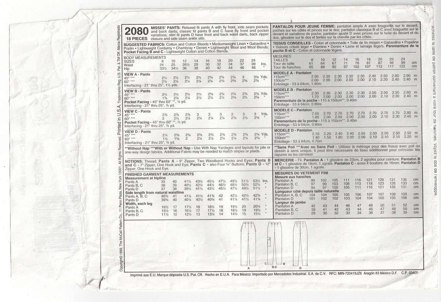 McCall's 2080 Womens Palmer Pletsch PERFECT FIT Pants & Jeans 1990s Vintage Sewing Pattern Size 12 UNCUT Factory Folded