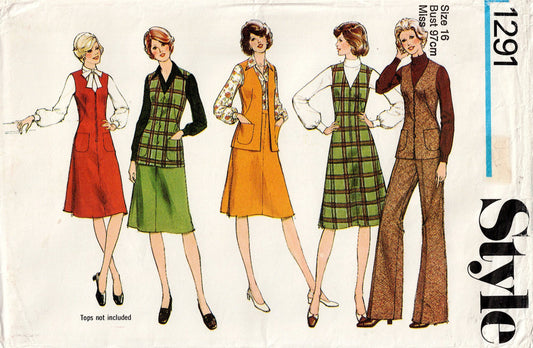Style 1291 Womens Pinafore Dress Vest Skirt & Pants 1970s Vintage Sewing Pattern Size 16 Bust 38 inches UNCUT Factory Folded