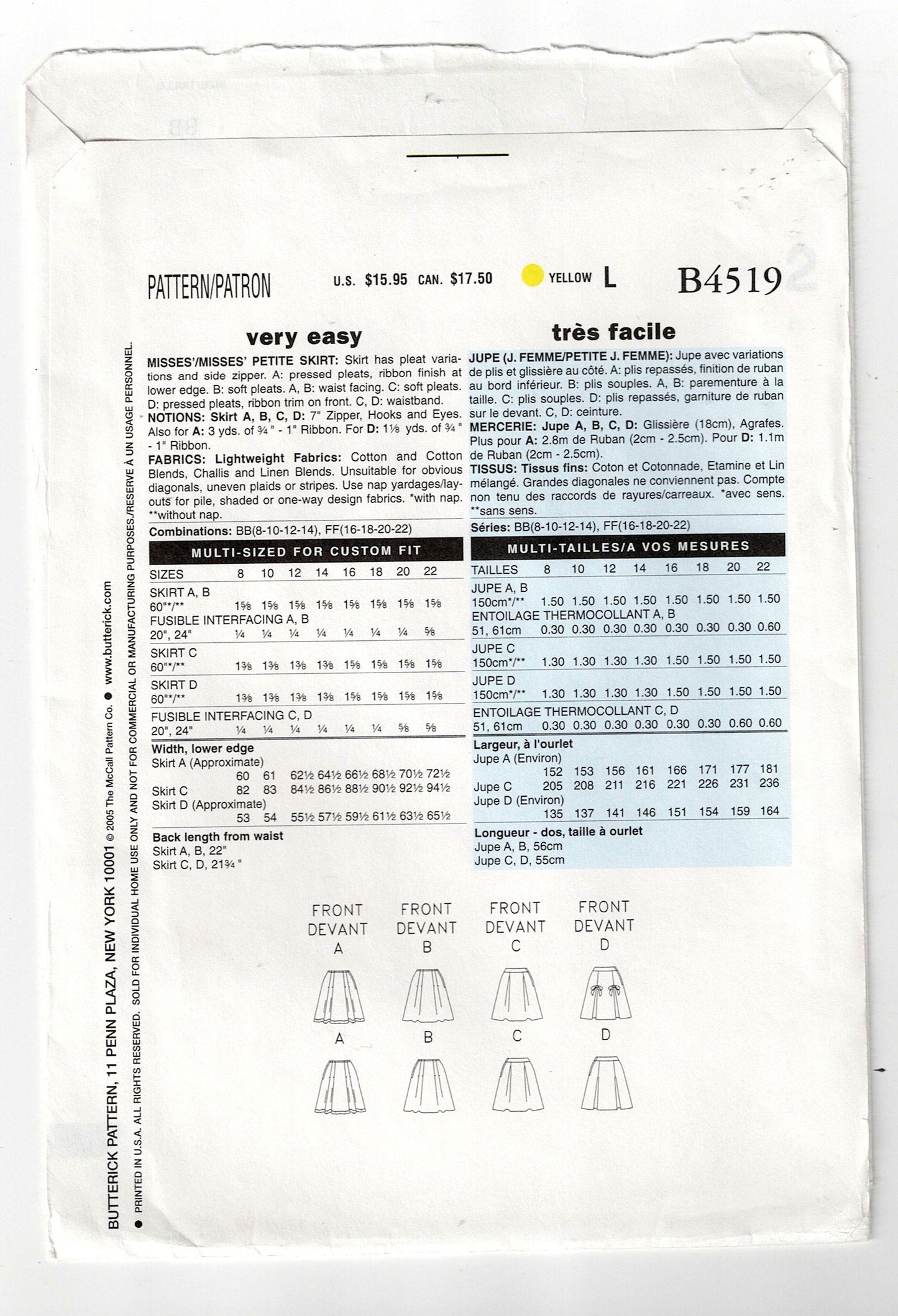 Butterick 4519 Womens Side Pleated Skirts Out Of Print Sewing Pattern Sizes 8 - 14 UNCUT Factory Folded