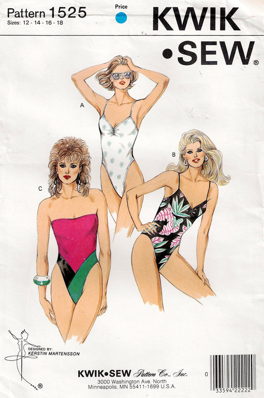Kwik Sew 1525 Womens High Cut Leg Colour Block Stretch Swimsuit or Maillot 1980s Vintage Sewing Pattern Bust 34 - 41.5 inches UNCUT Factory Folded