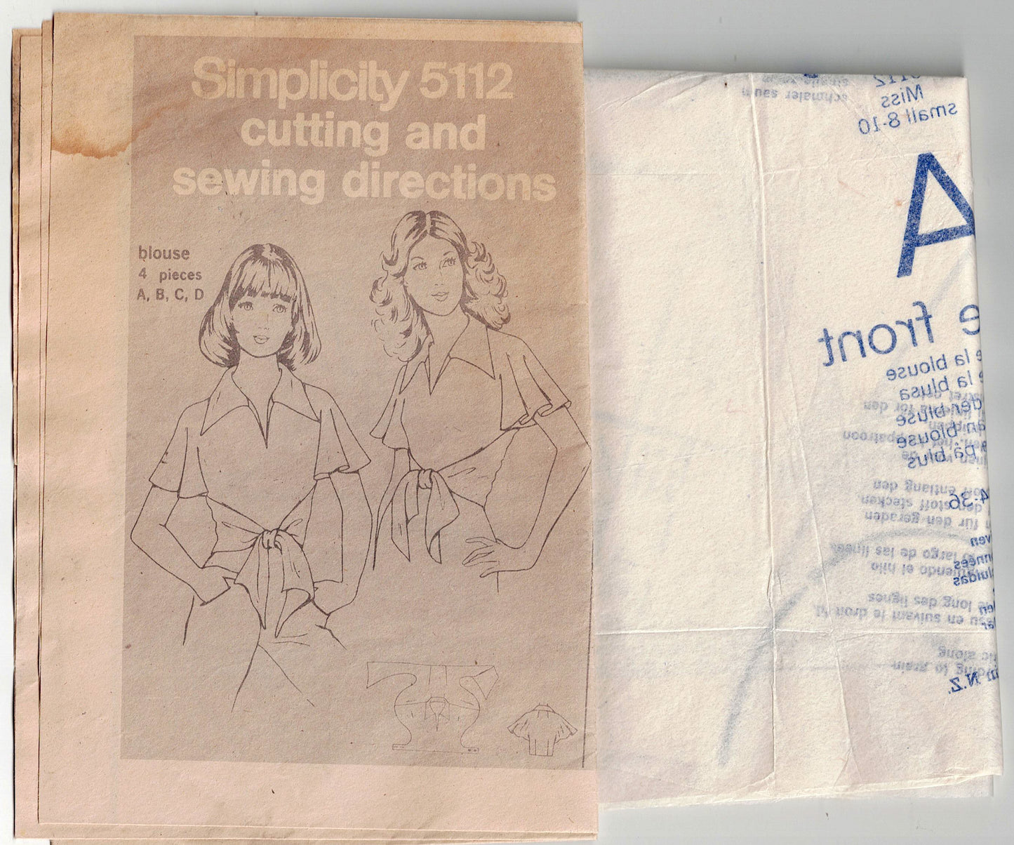 Simplicity 5112 Womens Wrap & Wide Collar Tie Flutter Sleeved Tops 1970s Vintage Sewing Pattern Size SMALL 8 - 10