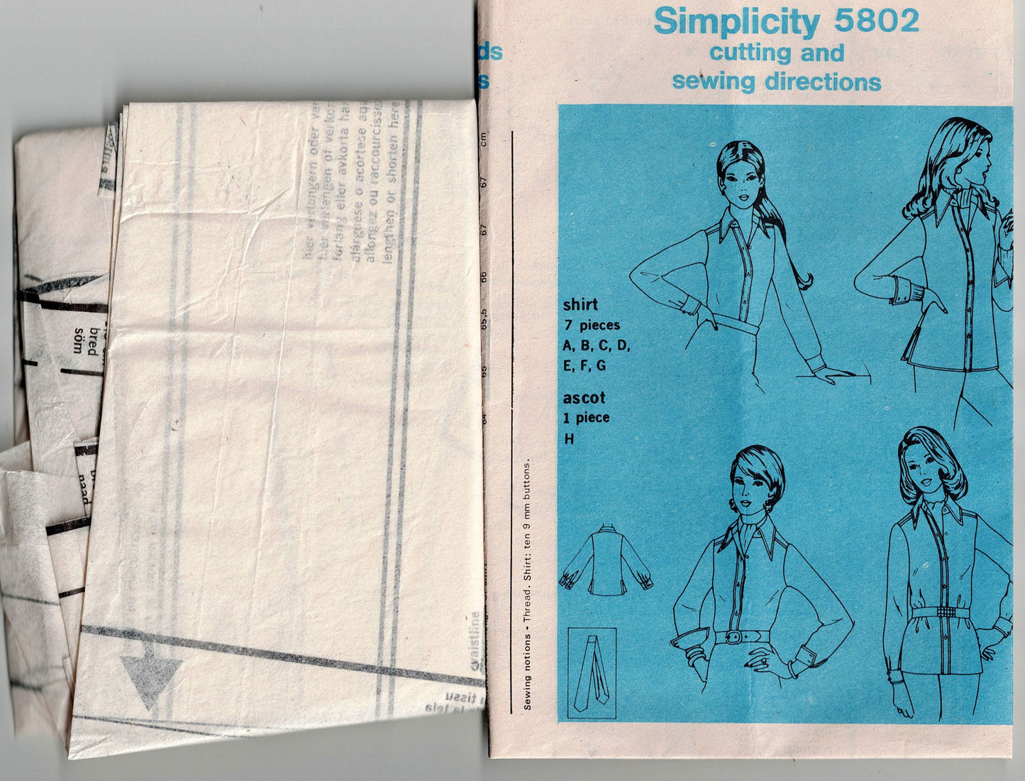 Simplicity 5802 Womens Wide Collar Shirt & Ascot Tie 1970s Vintage Sewing Pattern Size 18 Bust 40 Inches