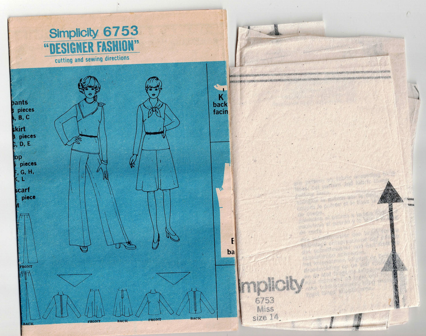 Simplicity 6753 Womens Designer Stretch Knit Top Skirt Pants & Scarf 1970s Vintage Sewing Pattern Size 14 Bust 36 Inches