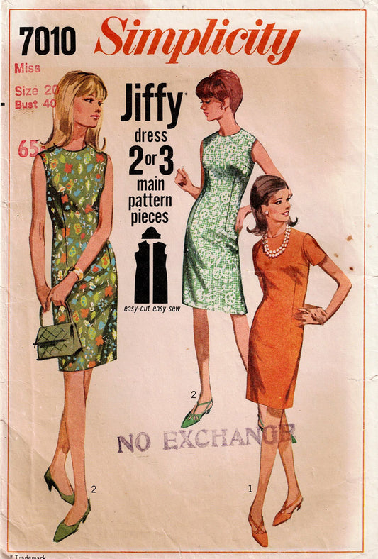 Simplicity 7010 Womens Classic JIFFY Sheath Dress 1960s Vintage Sewing Pattern Size 20 Bust 40 inches