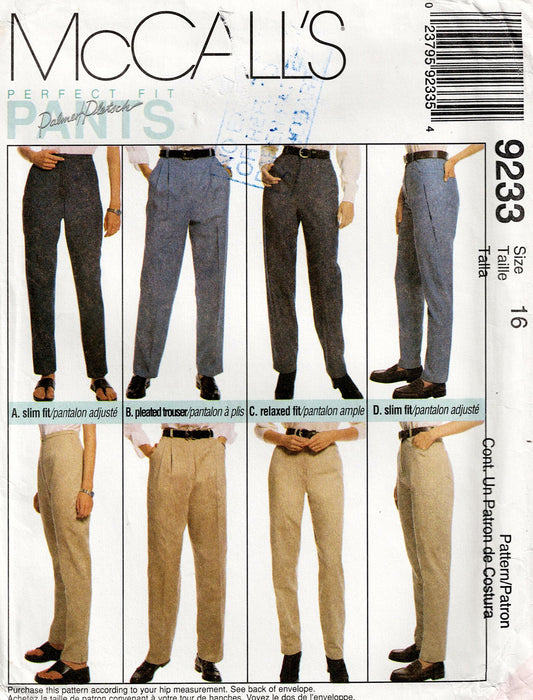 McCall's 9233 Womens PALMER PLETSCH Perfect Fit Pants or Jeans 1990s Vintage Sewing Pattern Size 16 UNCUT Factory Folded