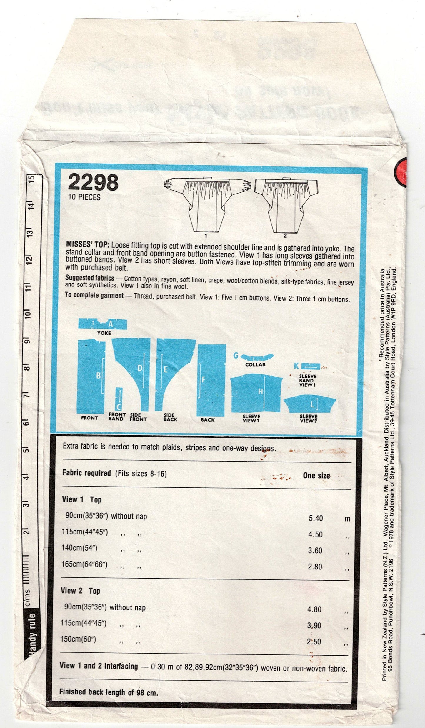 Style 2298 Womens Loose Fitting Gathered Pullover Smock Top 1970s Vintage Sewing Pattern ONE SIZE