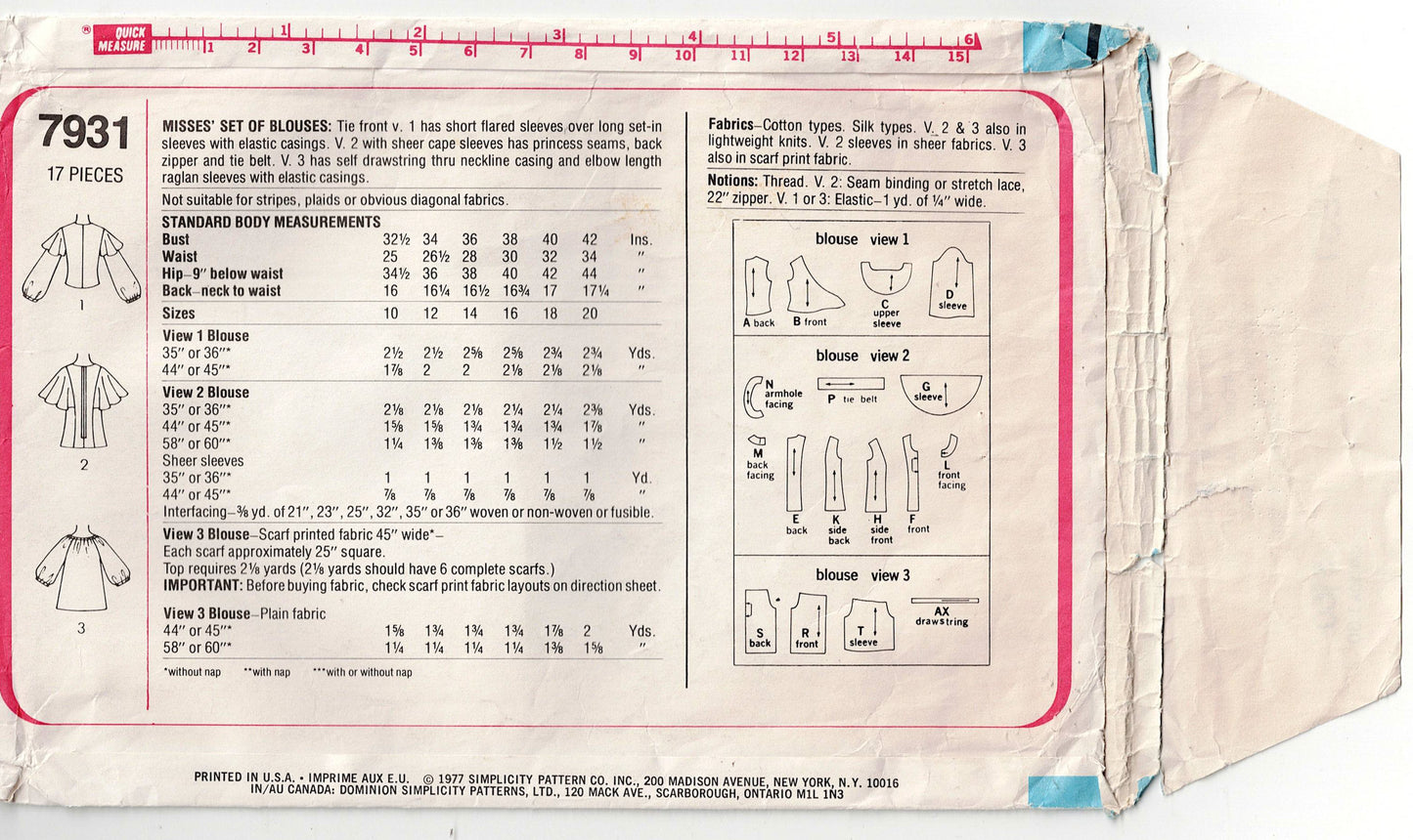 Simplicity 7931 Womens Set of Boho Summer Blouses 1970s Vintage Sewing Pattern Size 16 Bust 38 inches