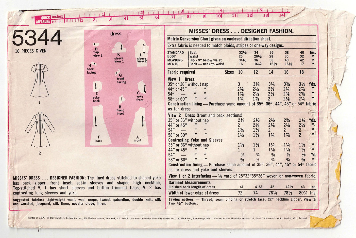 Simplicity 5344 Womens Designer Lined A Line Dress with Yoke 1970s Vintage Sewing Pattern Size 16 Bust 38 Inches