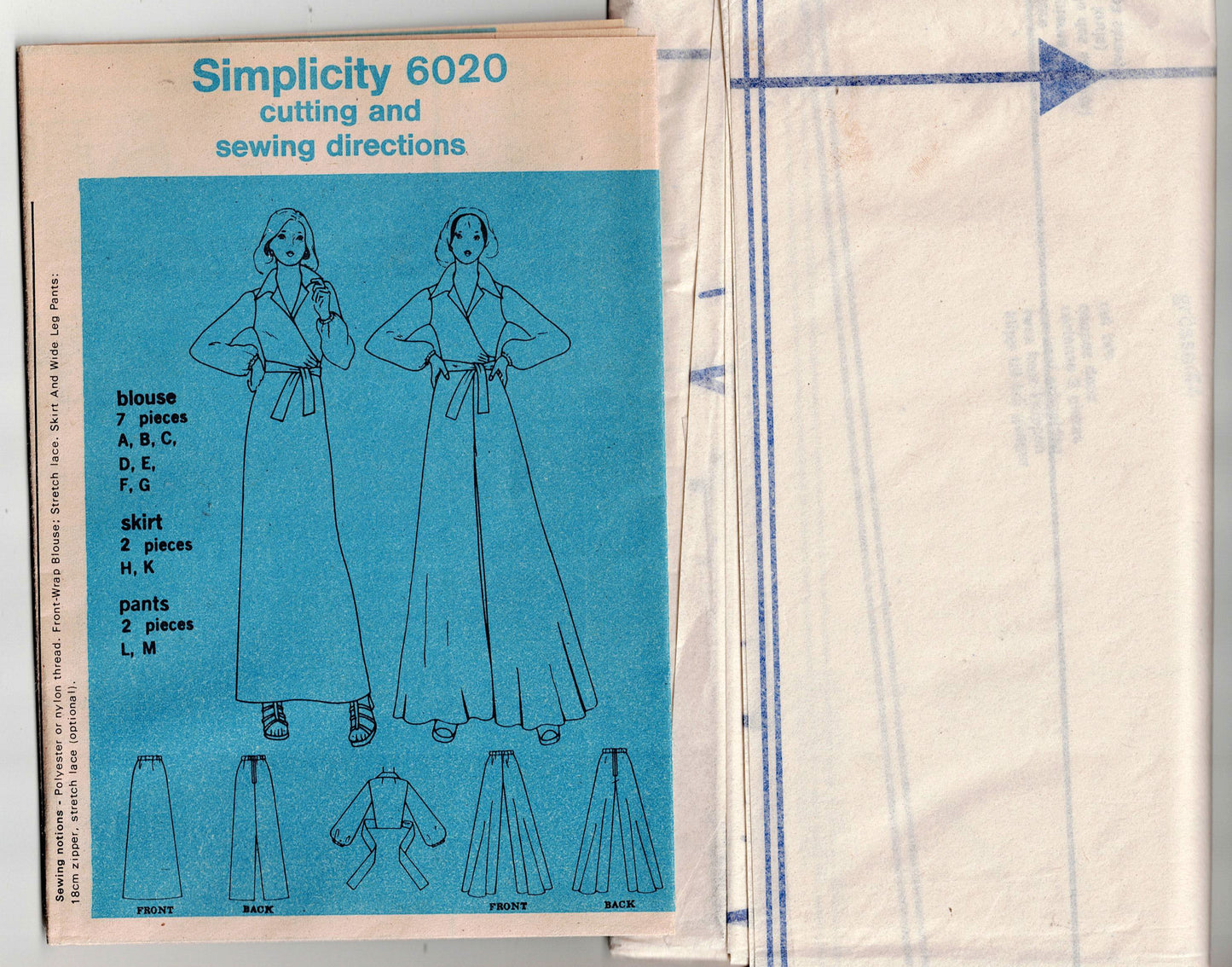 Simplicity 6020 Womens JIFFY Stretch Knit Wrap Blouse Maxi Skirt & Palazzo Pants 1970s Vintage Sewing Pattern Size 18 Bust 40 Inches