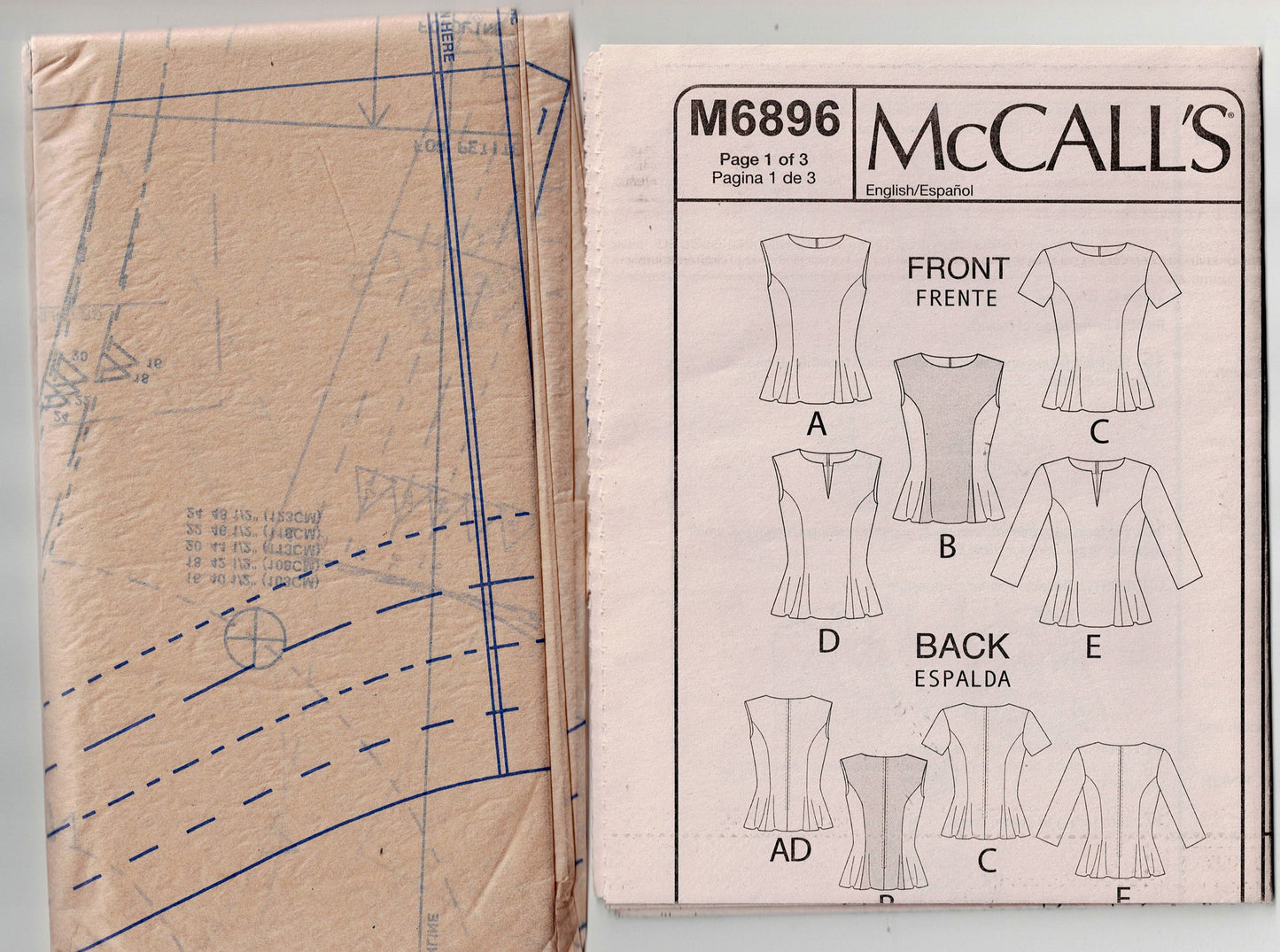 McCall's 6896 Womens Princess Seamed Peplum Tops Out Of Print Sewing Pattern Sizes 16 - 24 UNCUT Factory Folded