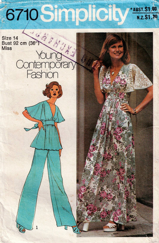 Simplicity 6710 Womens Flutter Sleeved Waist Tied Dress or Top & Wide Leg Pants 1970s Vintage Sewing Pattern Size 14 Bust 36 Inches