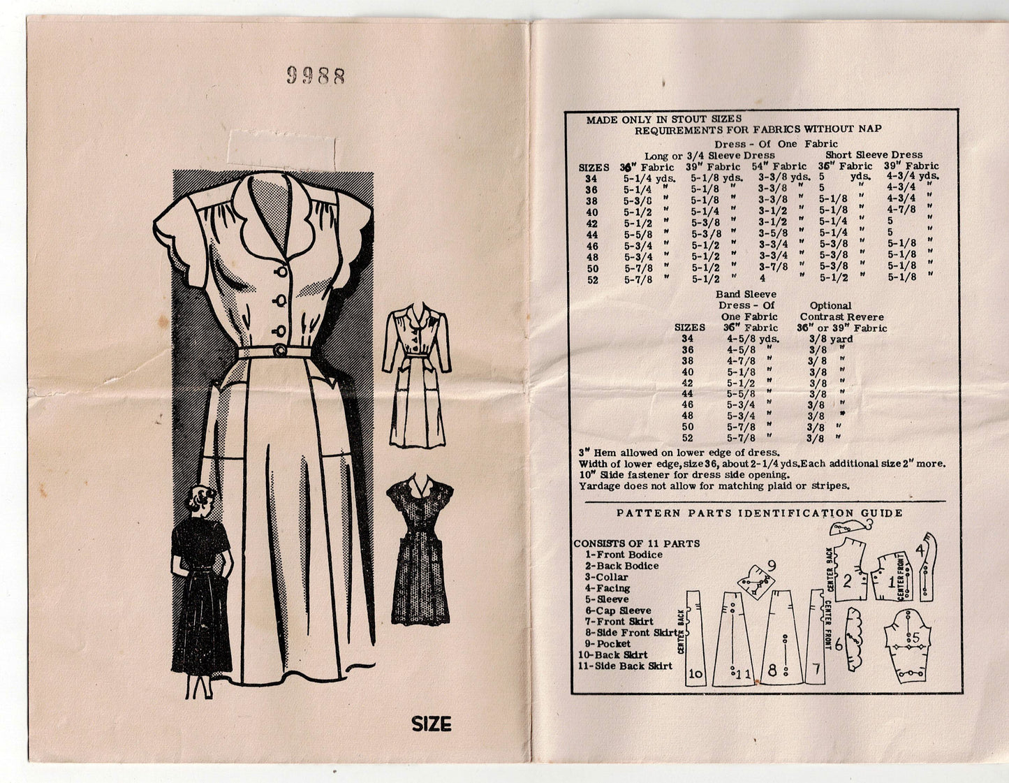 Mail Order 9988 Womens Shirtdress with Scalloped Collar Sleeves & Pockets 1940s Vintage Sewing Pattern Bust 38 inches