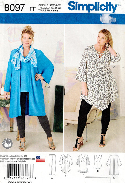 Simplicity 8097 Womens Kimono Jacket Top & Leggings Out Of Print Sewing Pattern Sizes 18W - 24W UNCUT Factory Folded