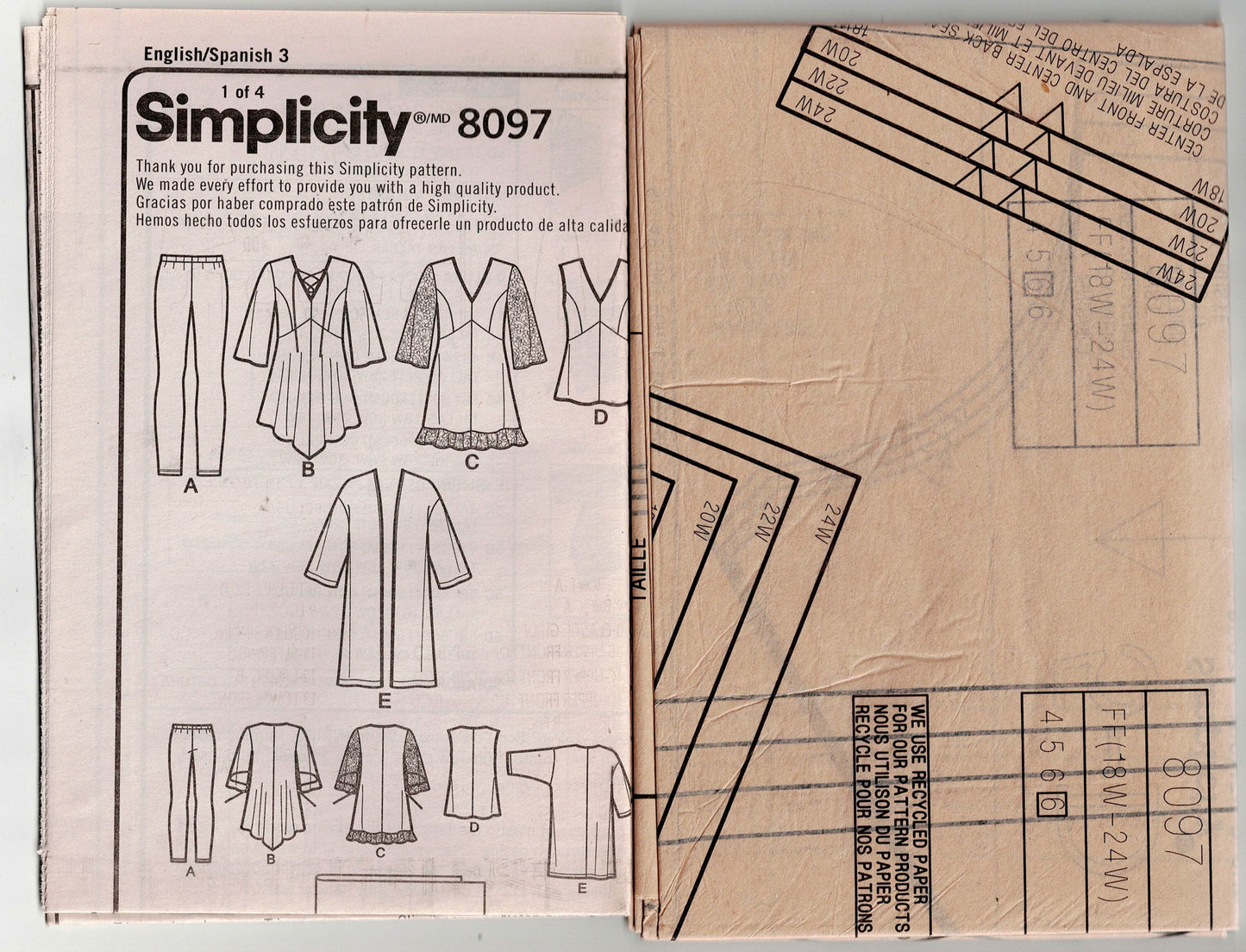 Simplicity 8097 Womens Kimono Jacket Top & Leggings Out Of Print Sewing Pattern Sizes 18W - 24W UNCUT Factory Folded