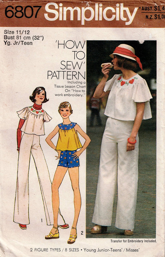 Simplicity 6807 Young Junior / Teens Yoked Smock Top Shorts & Pants 1970s Vintage Sewing Pattern Size 11/12 Bust 32 inches