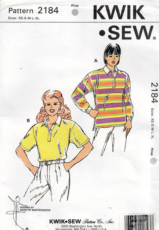 Kwik Sew 2184 Womens Stretch Pullover Polo Rugby Knit Shirts 1990s Vintage Sewing Pattern Size XS - XL UNCUT Factory Folded
