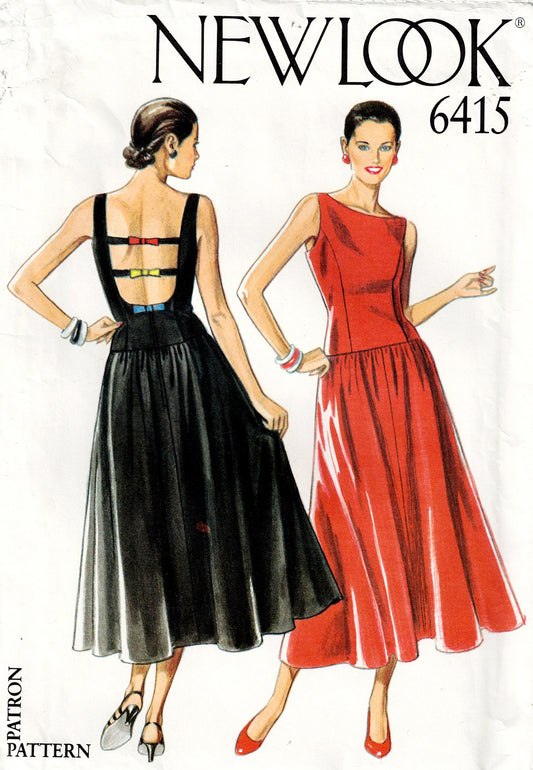 New Look 6415 Womens Dropped Waist Plunge Back Evening Dress 1980s Vintage Sewing Pattern Sizes 8 - 18 UNCUT Factory Folded