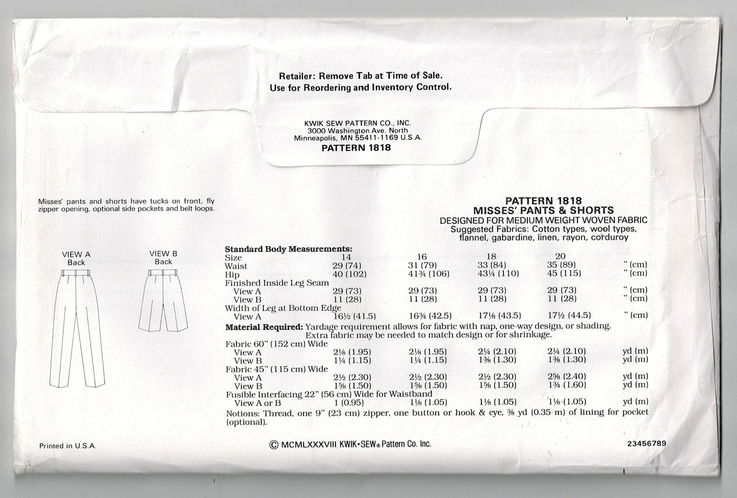 Kwik Sew 1818 Womens Pleated Pants & Shorts 1980s Vintage Sewing Pattern Waist 29 - 35 Inches UNCUT Factory Folded
