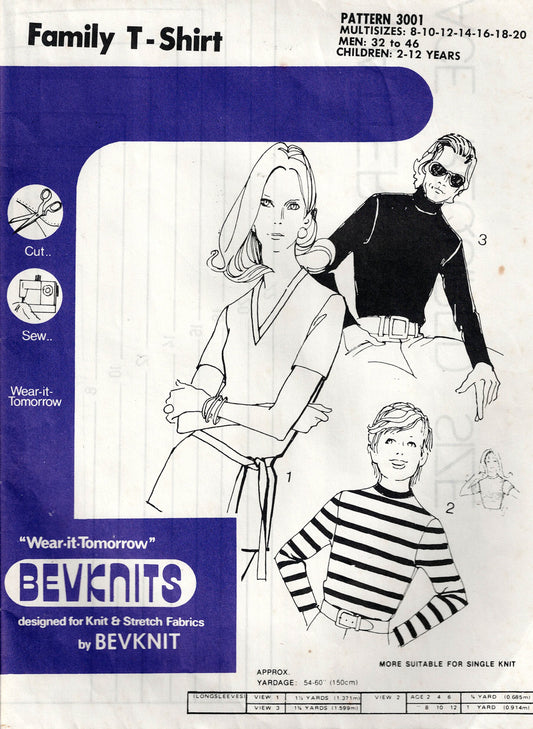 Bevknits 3001 Womens Mens Kids Stretch Knit Tops & T Shirts 1970s Vintage Sewing Pattern UNCUT Factory Folded